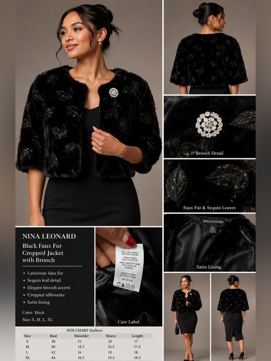 Nina Leonard Jackets & Blazers - Nina Leonard Black Faux Fur Cropped Jacket with Brooch